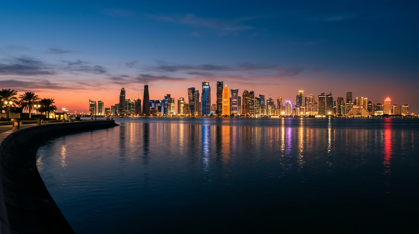 Doha's West Bay skyline at dusk across the Corniche